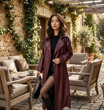 Womens Wine Red Faux Leather Long Trench Coat Double Breasted Duster Jacket