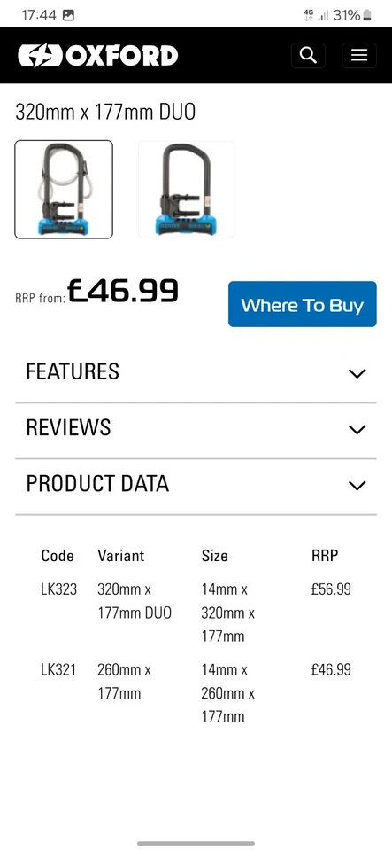 Oxford Shackle 14 Pro lock. Sold Secure Diamond rated. RRP £47. - Image 2 of 4