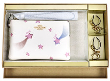 Coach Wristlet Wallet Corner Zip White Pink Disco Stars  Charms Boxed Gift Set