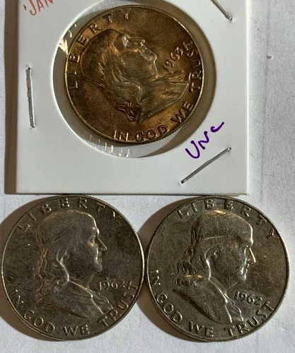 💥💥 1962-D X2 & 1963-D, UNC FRANKLIN HALF DOLLAR ⭐SILVER COINS LOT