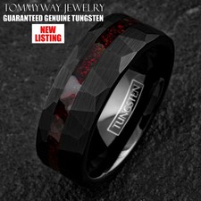 Black Faceted Tungsten Carbide Ring w/ Red Opal Off-Center Stripe Wedding Band
