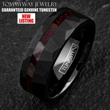 Black Faceted Tungsten Carbide Ring w/ Red Opal Off-Center Stripe Wedding Band