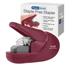 Plus Paper Clinch Compact Staple-Free Stapler, Burgundy Wine Hand