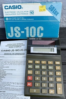 Vintage Casio elektronischer Taschenrechner JS-10C solarbetrieben VERPACKT & ANLEITUNG