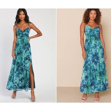 Lulus Beautiful Soul Maxi Dress Womens S Teal Floral Twist Front NEW Romantic
