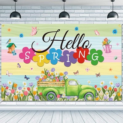 Hello Spring Backdrop Banner 71 x 45 Inch Large Colorful Spring Truck Tulips ...