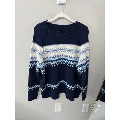Aerie Womens Navy Blue Fair Isle Crewneck Knit Sweater Raglan Sleeve Relaxed Fit