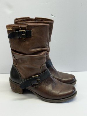 Pikolinos Le Mans Mid Calf Slouch Leather Brown Boots Buckle Womens EU Size 37