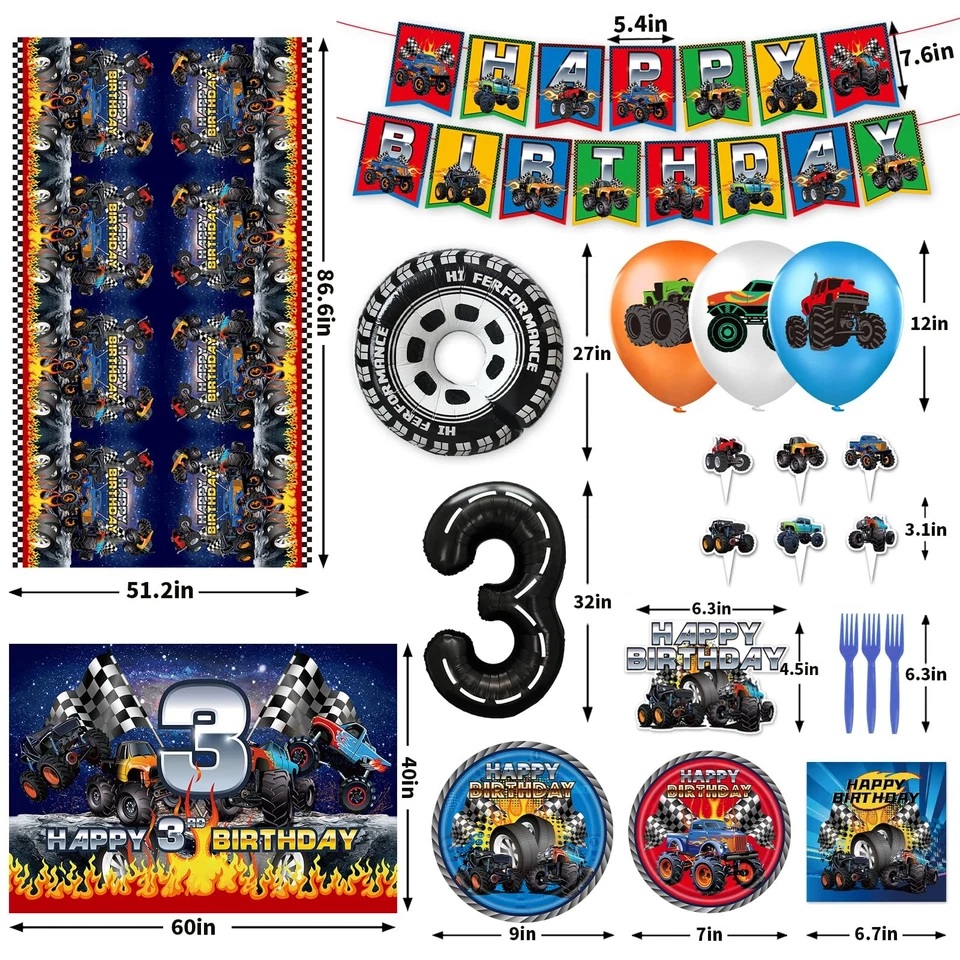 Hoywas Monster Truck Cumpleaños Fiesta Suministros Tercer Tema Decoraciones Set Niños Foto 2 de 4