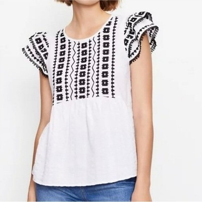 LOFT White Black Linen Blend Embroidered Peplum Flutter Sleeve Top SZ Large Boho