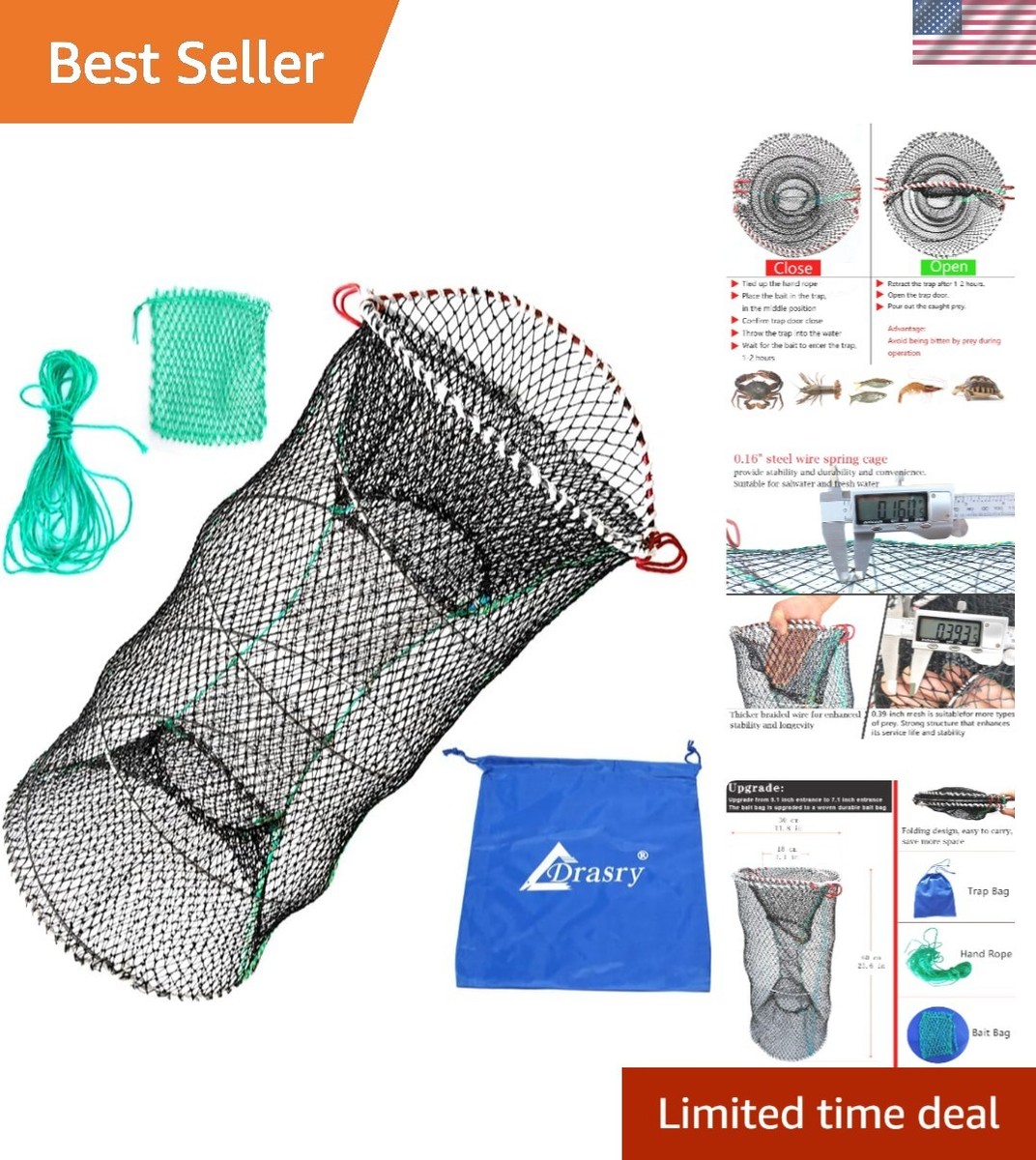 collapsible crab and fish trap & Traps Danielson Crab Trap Crabjaw This collapsible crab trap offers a unique 40*80CM Telescopic Foldable Crayfish Crab