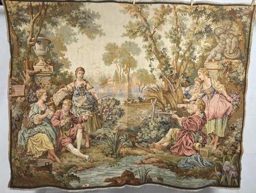 Vintage French Beautiful Fishing couple Scene Wall Hanging Tapestry 165x130 cm