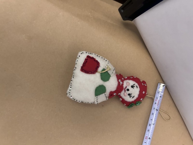 VTG Christmas Ornament cloth Snowwoman with red bag