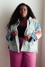 Davi & Dani Jacket Denim Sweater Floral Bell Knit Sleeves Pockets Snap Size 2XL