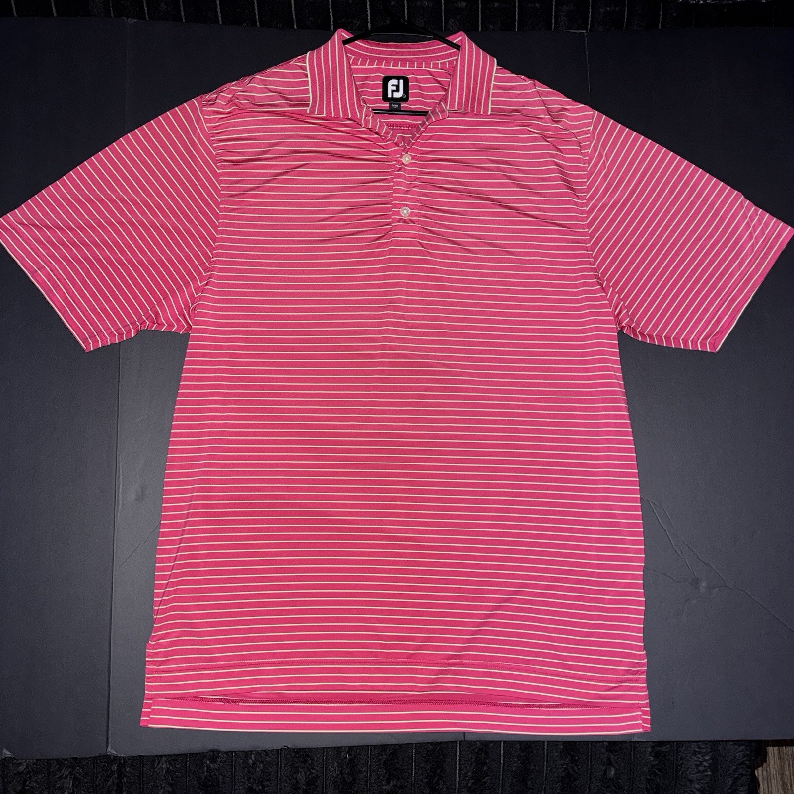 Men’s Large FootJoy Pink Lime Green Striped Performance Golf Polo Shirt