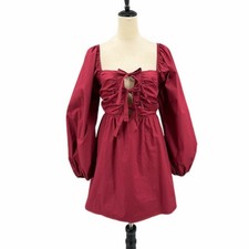 Le Lis NWT M Burgundy Long Balloon Sleeves Bow Details Ruched Mini Dress