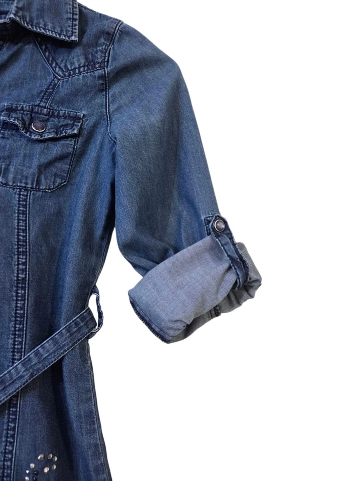 Guess джинсовой ткани платье Y2K жемчуг кнопки галстук стразы Bedazzle девочек размер 10 / 12 - Изображение 4 из 4