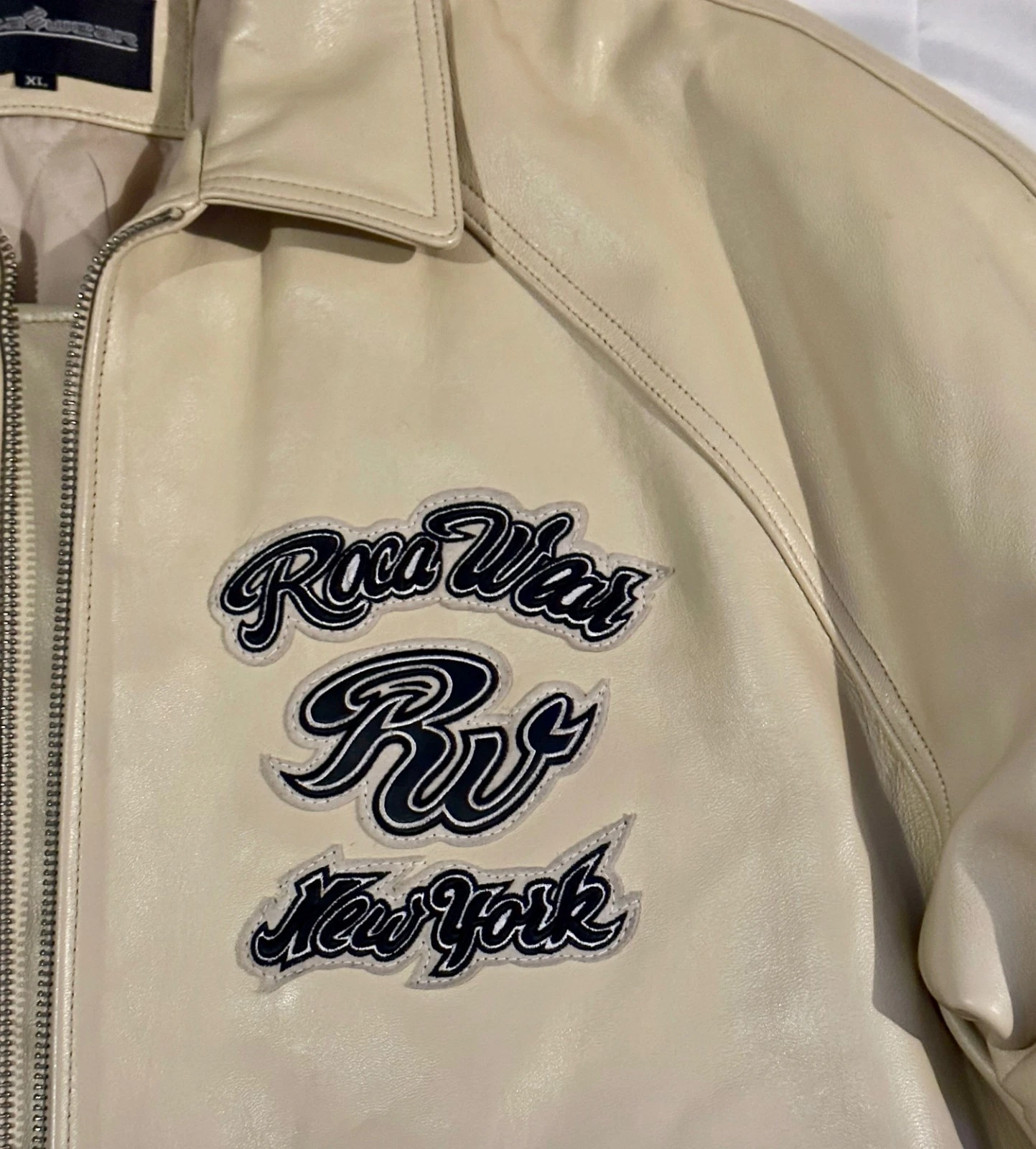RARE Vintage Y2K Rocawear "Lion Head" Leather Varsity Jacket Beige Black Sz XL image 13
