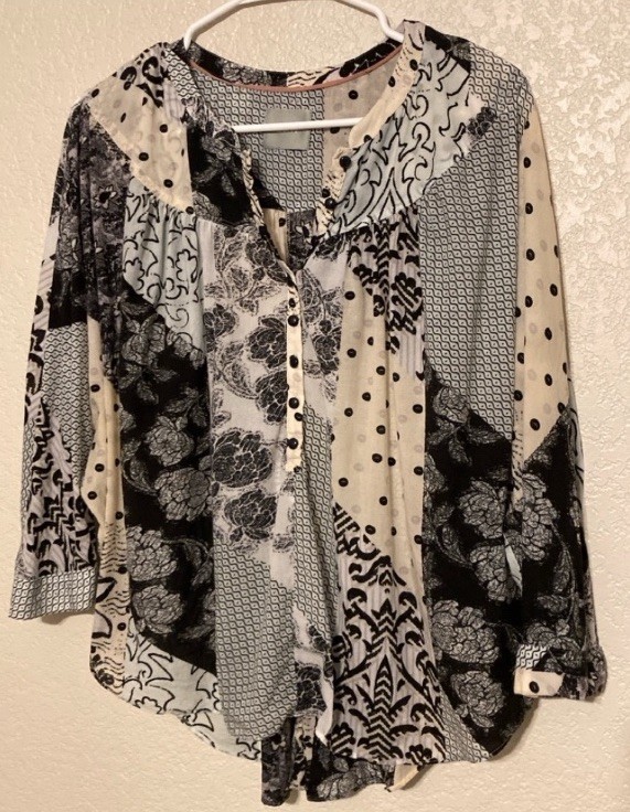 Maeve Patchwork Floral Button Blouse Split Neck 3… - image 1