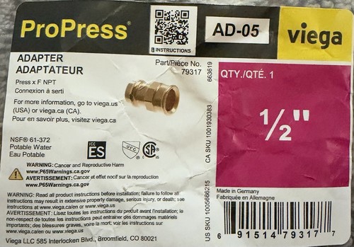 Lot of 12 - Viega 79317, ProPress 1/2-in. Press x 1/2-in. FPT Bronze Adapters
