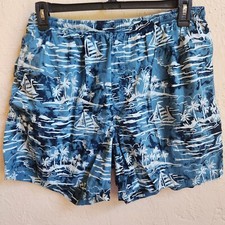Roundtree Yorke Swim Trunks Men L Blue Floral Hawaiian Drawstring Pockets Lined