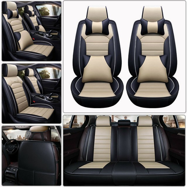 Deluxe Black/Beige Car Seat Cover Top PU Leather 5Sit Cushion SUV