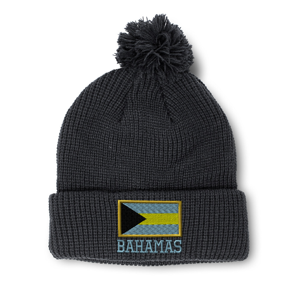 Bahamas Flag Embroidered Pom Pom Beanie for Women - Acrylic Skull Cap