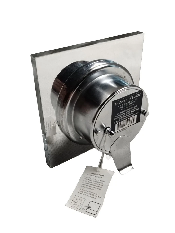 Reloj tocador vintage moderno Thomas O'Brien espejo y madera 5,5"x 5,5" con etiqueta Foto 3 de 4