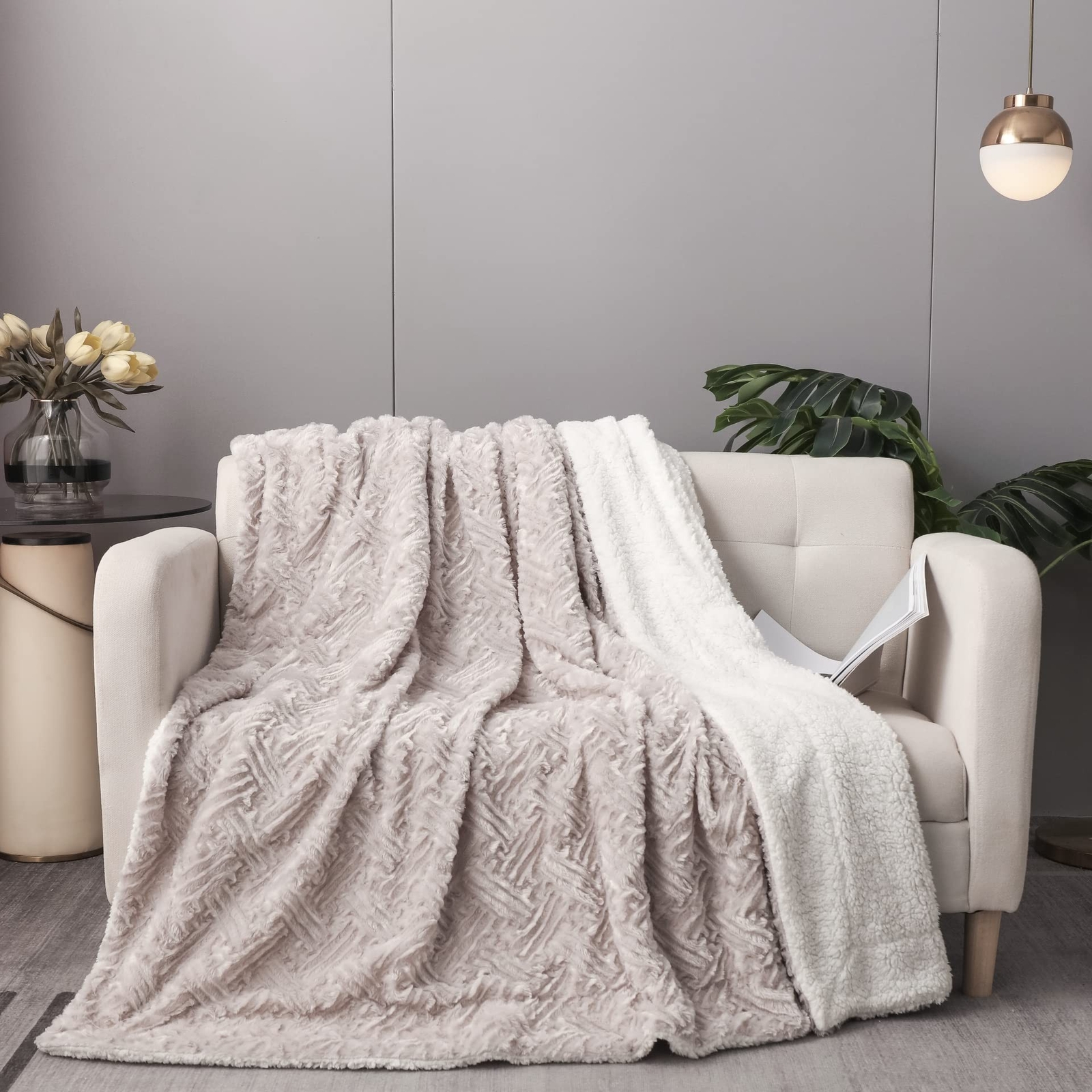 DaDa Bedding Faux Fur Throw Blanket - Farmhouse Lavender Grey, Geometric Embo...