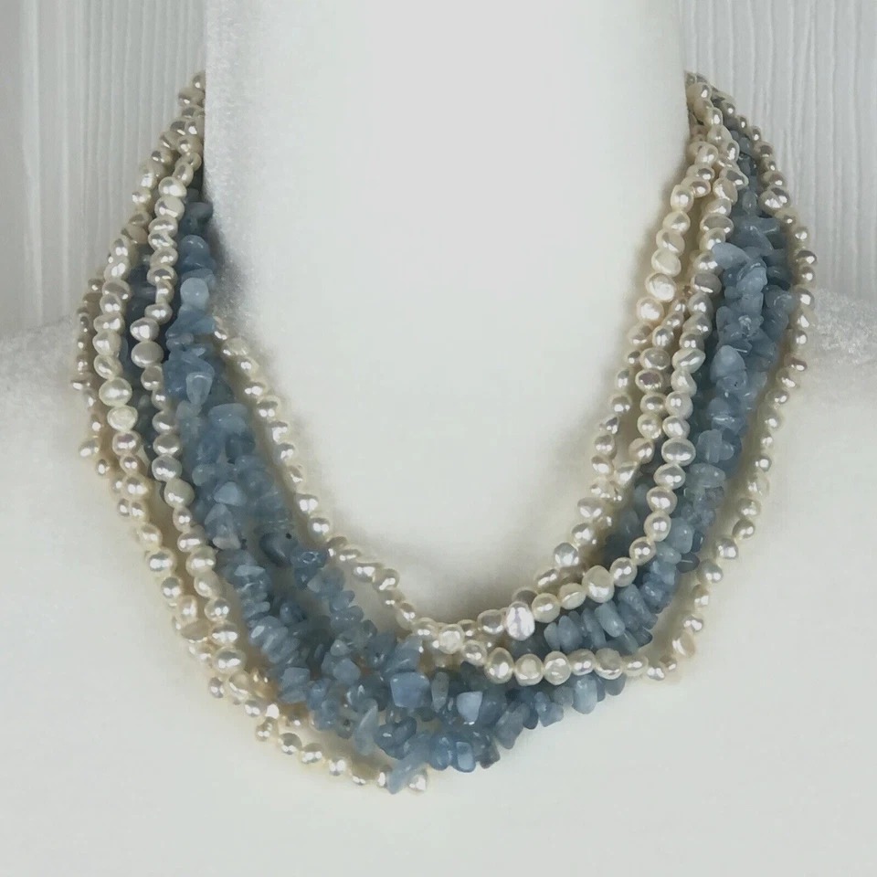 Collar Ross Simons Perla Aguamarina Multistrand Ajustable Playa Boho