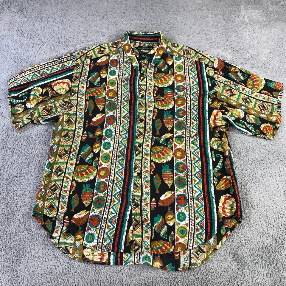 Vintage Guess Georges Marciano Shirt Mens Medium Button Up Fish Aztec VTG Hawaii - Image 2 of 4