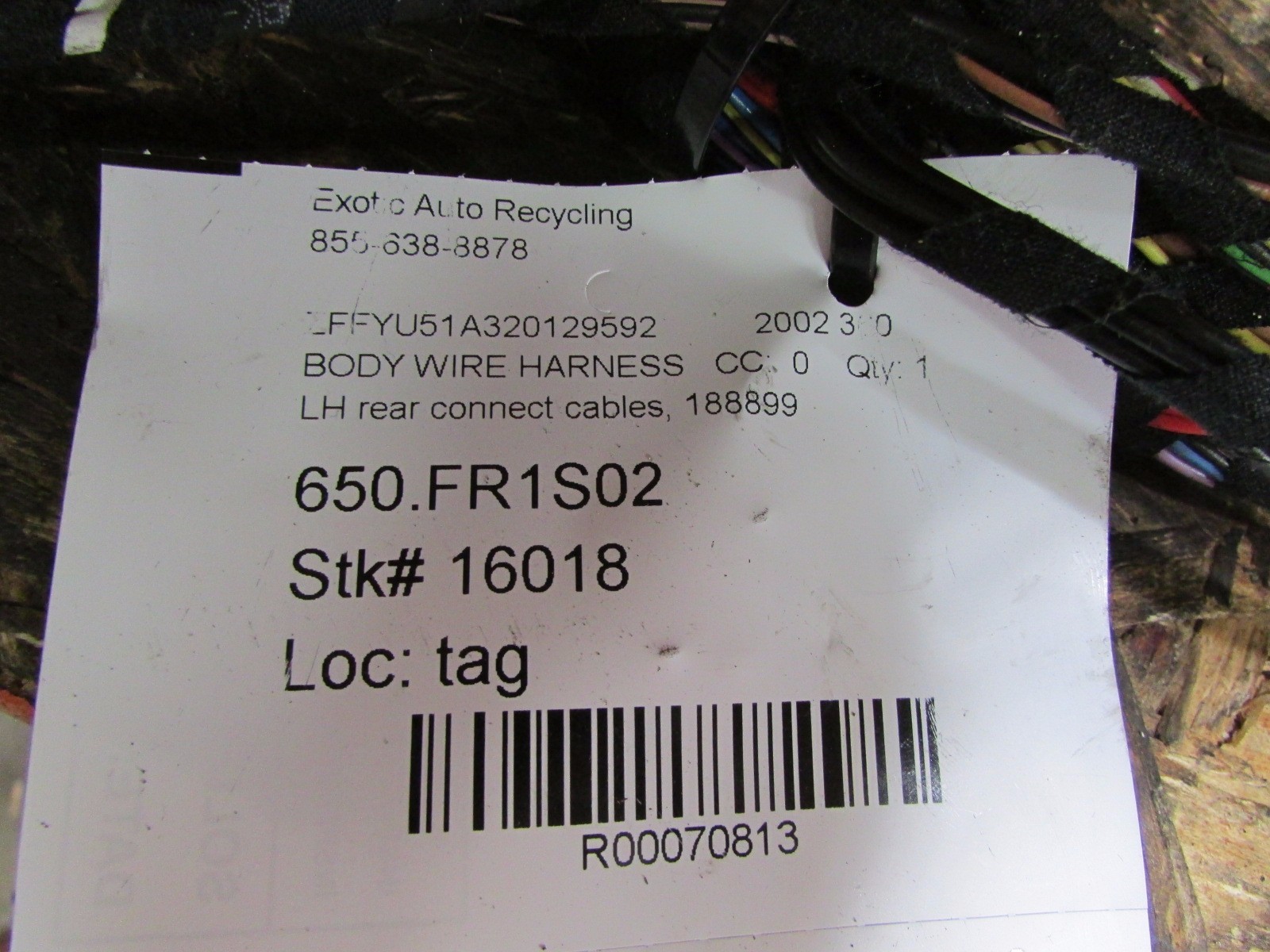 Ferrari 360, LH, Left Rear Tunnel Wiring Harness, Used, P/N 188899