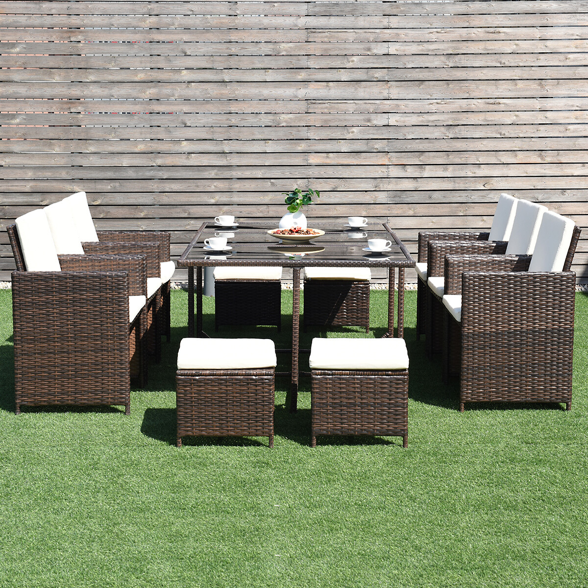 10PCS Outdoor Patio Rattan Wicker Dining Chair Armrest Ottoman Cushioned W/Cover
