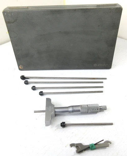 Mitutoyo Depth Gauge Micrometer .001" Ratchet Thimble Set Kit w/ 5 Rods, Case