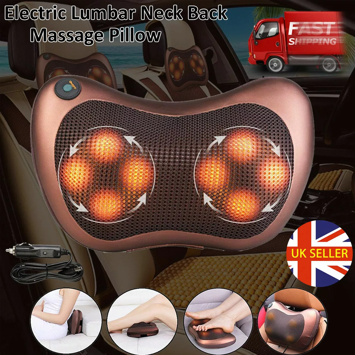8 Nodes UK Electric Lumbar Neck Back Massage Pillow Cushion Massager Home Car