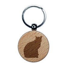 Cat Sitting Side Profile Solid Engraved Wood Round Keychain Tag Charm