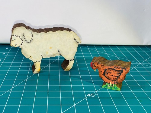 Wood Sheep And Chicken Farm Animals Figurines Painted Folk Art Woden Vintage