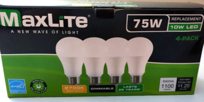 Dimmable LED Bulb 2700K Soft White A19 10W Replaces 75W 4-Pack MaxLite