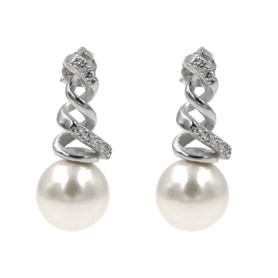 Orecchini Perle Montatura Vortice in Argento 925 con Zirconi Bianchi  - Immagine 2 di 4