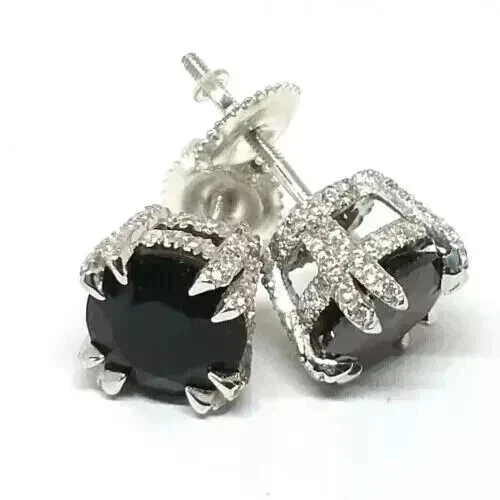 Серьги-гвоздики женские круглые с имитацией черного бриллианта покрытие белым золотом 14 карат 3 карата - Изображение 4 из 4