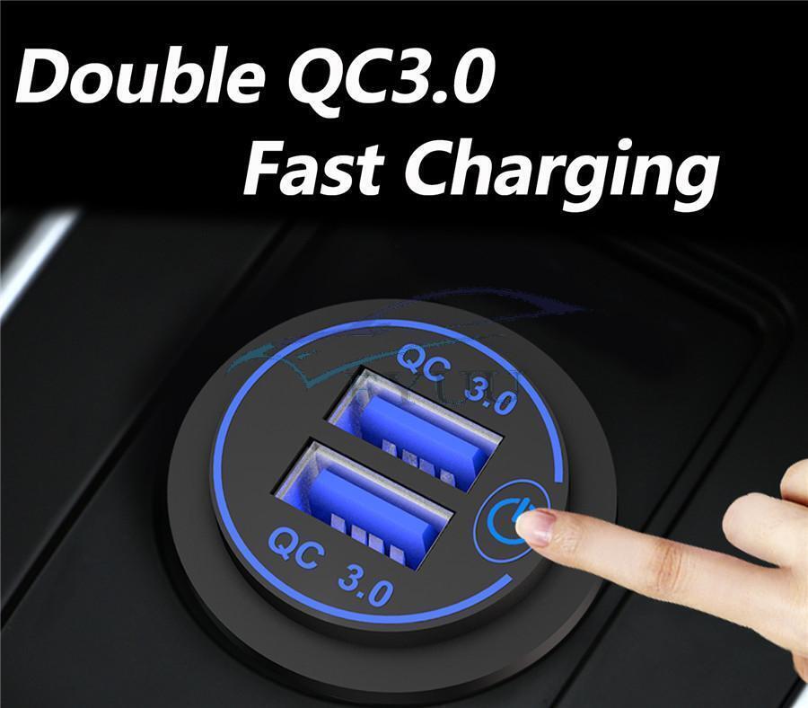 Touch Switch Motorcycle Car Cigarette Lighter Socket Dual QC3.0 USB Car Charger