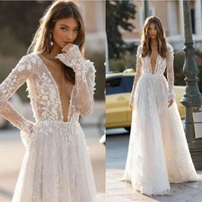 2026 Deep V-neck Wedding Dress Bohemian 3D Flora Lace Stickers Beach Bridal Gown