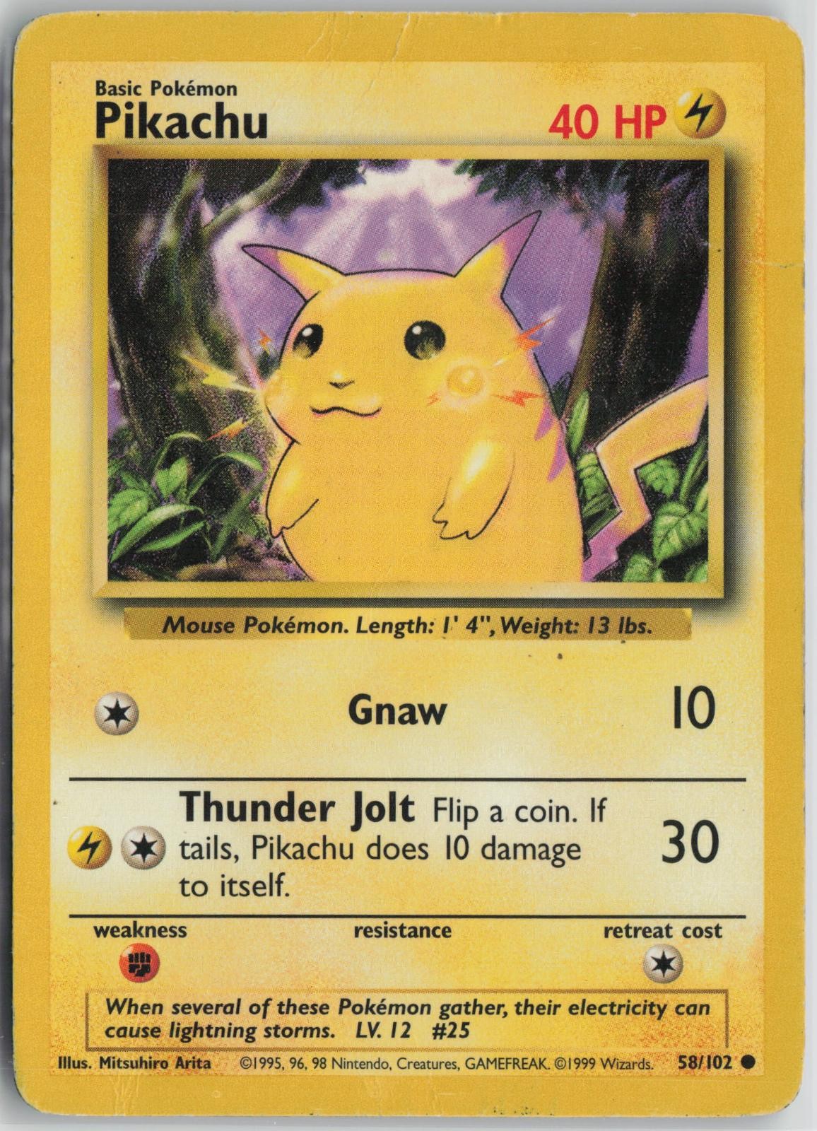Pikachu 58/102 Common Base Set Unlimited Pokemon Heavily Played