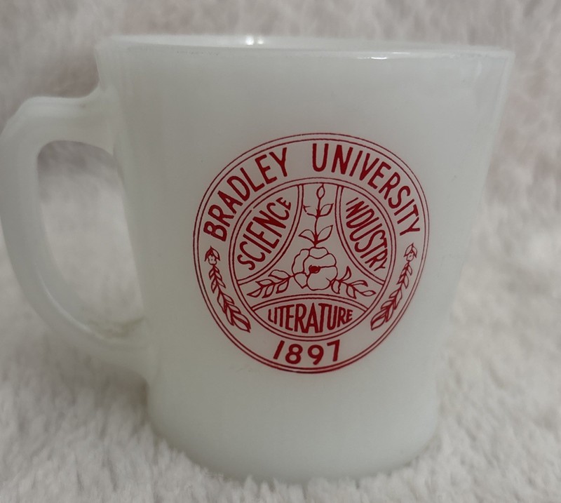 Vintage Fire-King Milk Glass Mug Bradley University Peoria Illinois