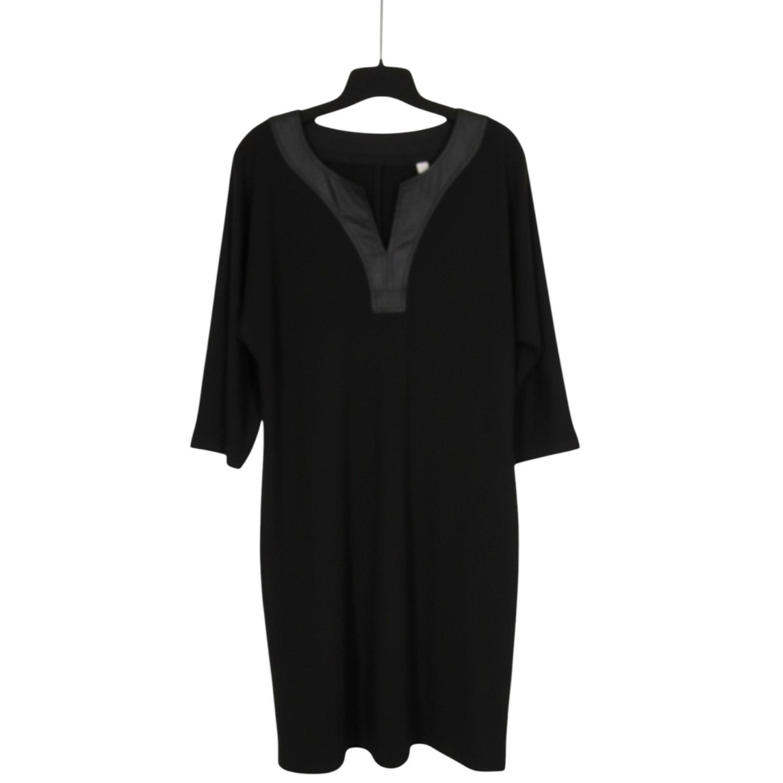 CHICO'S Black PONTE KNIT 3/4 Sleeve FAUX LEATHER V-NECK Sheath Dress Sz 1 (US M)
