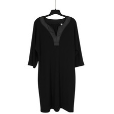 CHICO'S Black PONTE KNIT 3/4 Sleeve FAUX LEATHER V-NECK Sheath Dress Sz 1 (US M)