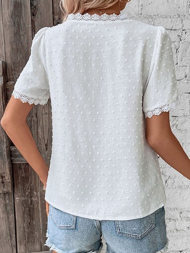 Short Sleeve Casual Women Shirt Summer V Neck Solid Color Breathable Fabric - Picture 16 of 70