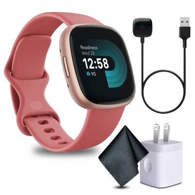 Fitbit Versa 4 Fitness Smartwatch Pink Sand/Copper Rose Bundle
