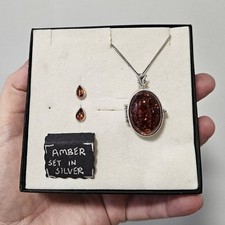 Sterling Silver Amber Locket Necklace And Earring Set