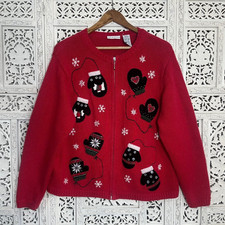 Vtg Croft Barrow Red Holiday Christmas Grannycore Full Zip Cardigan Sz XL
